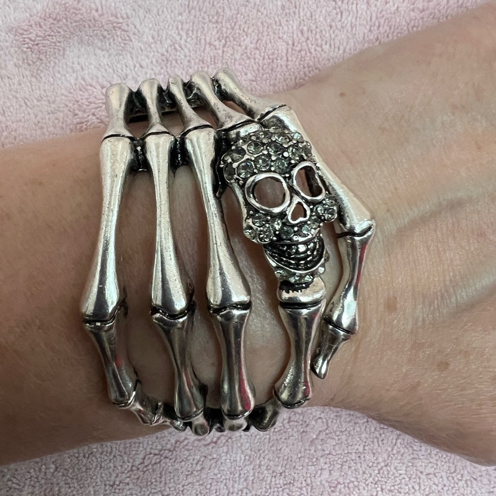 Unbranded Metal Skeleton Hand with Rhinestone Skull Bracelet
